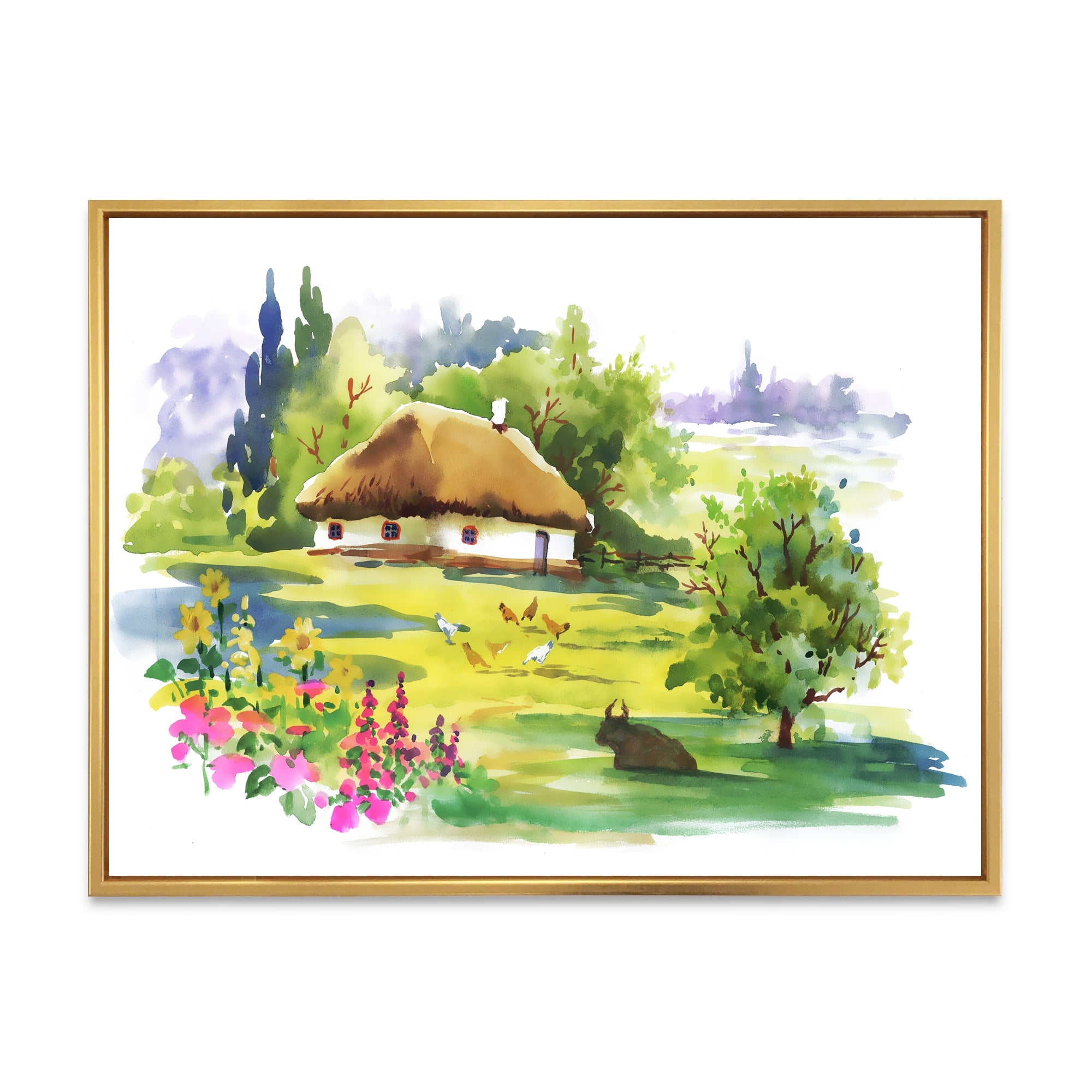 Designart 'Blossoming Greenlands And A Rural House' Traditional Framed Canvas Wall Art Print