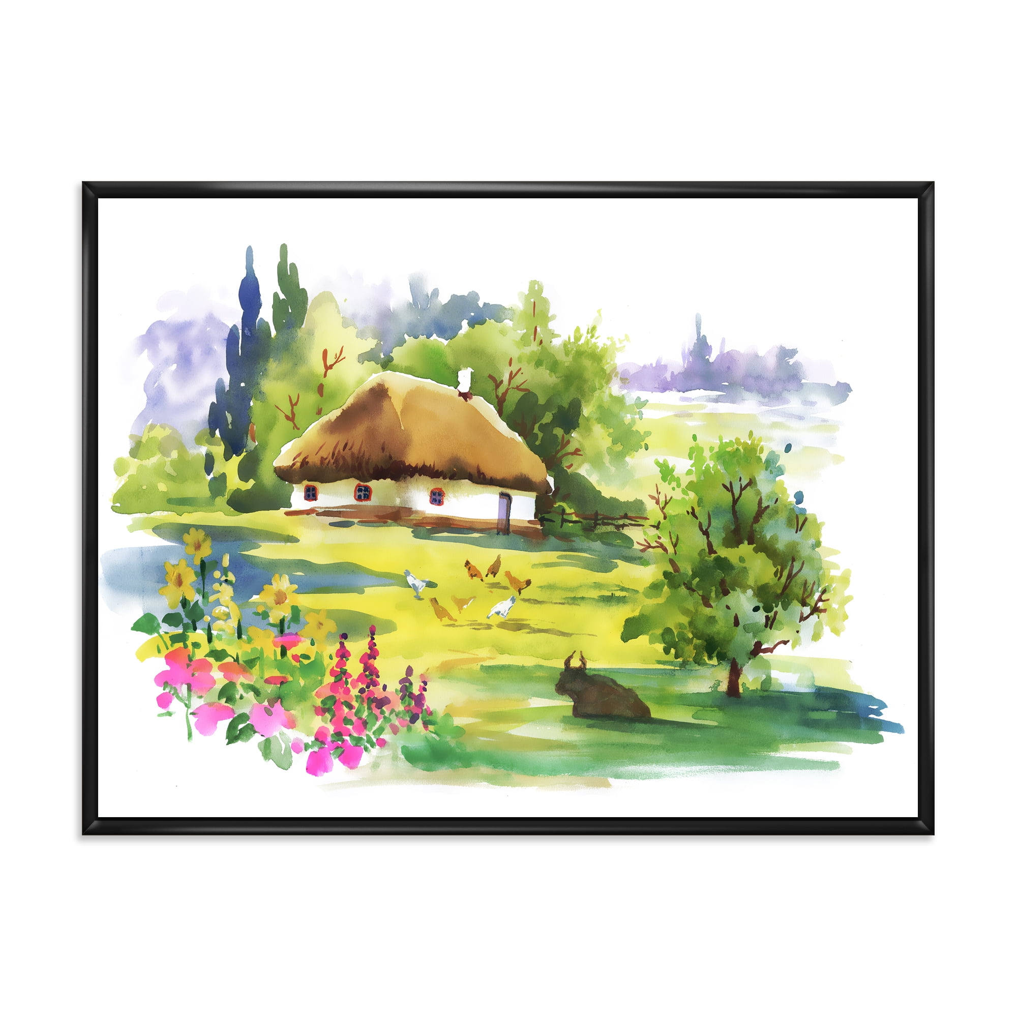 Designart 'Blossoming Greenlands And A Rural House' Traditional Framed Canvas Wall Art Print