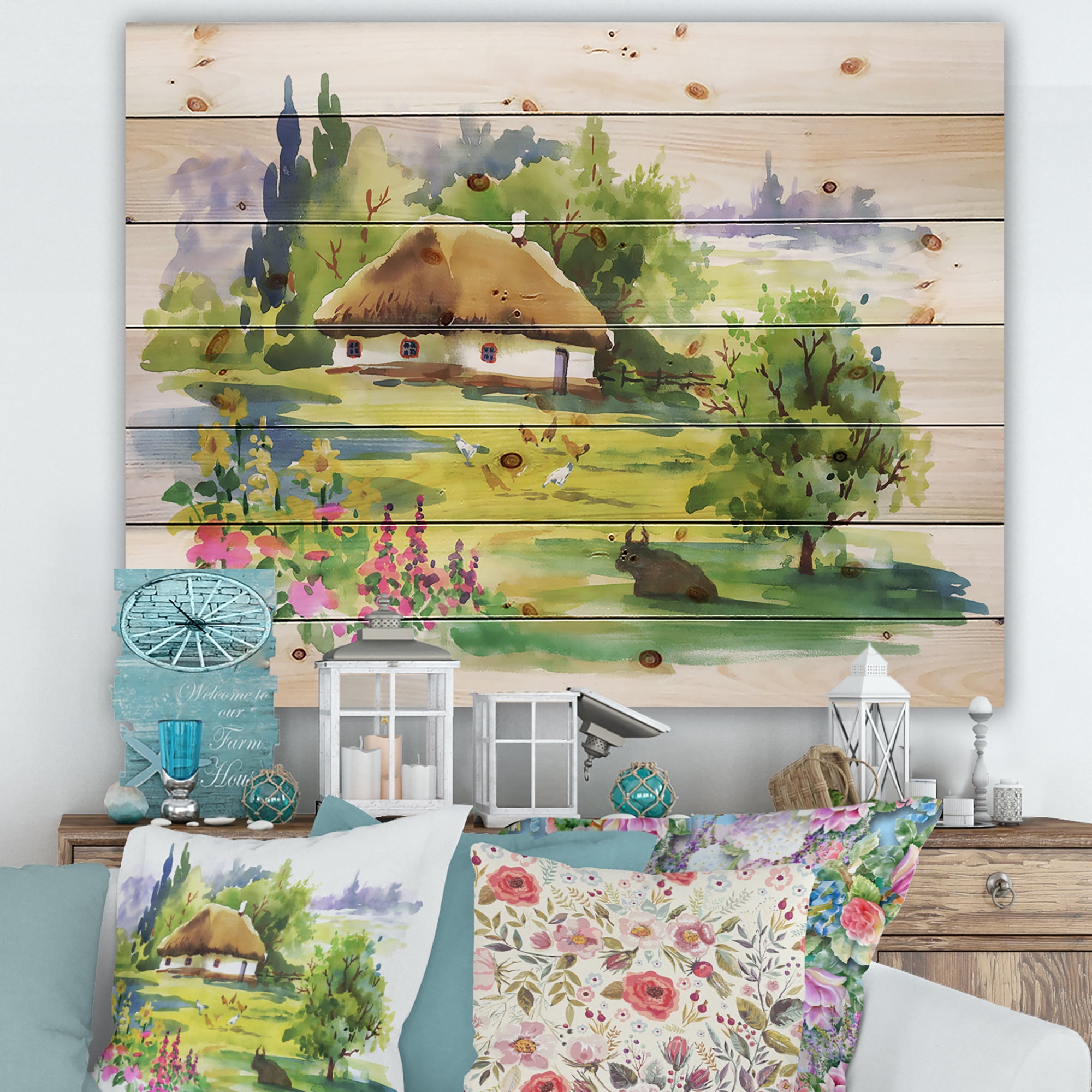 Designart 'Blossoming Greenlands And A Rural House' Traditional Print on Natural Pine Wood