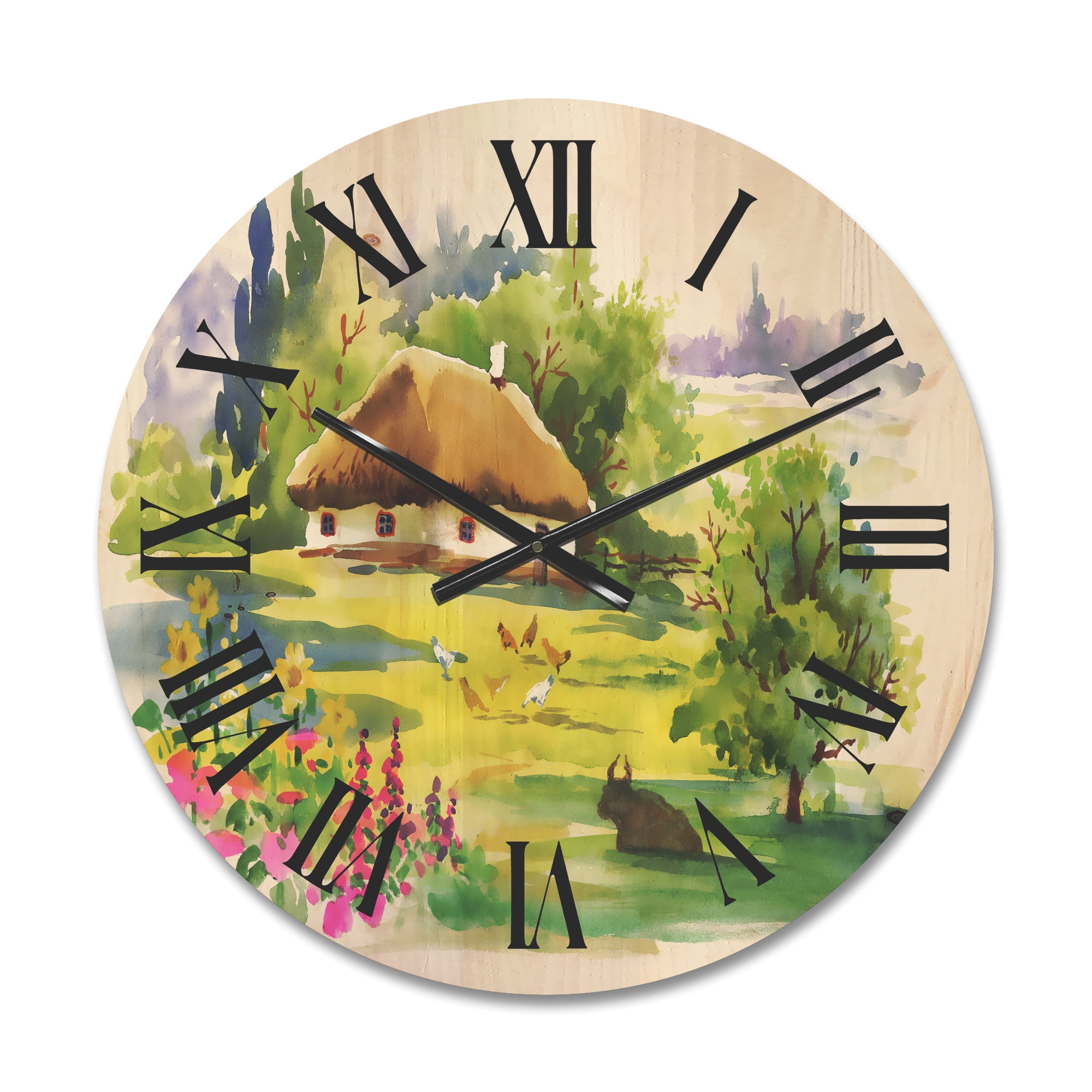 Designart 'Blossoming Greenlands And A Rural House' Traditional Wood Wall Clock