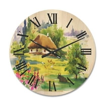 Designart 'Blossoming Greenlands And A Rural House' Traditional Wood Wall Clock