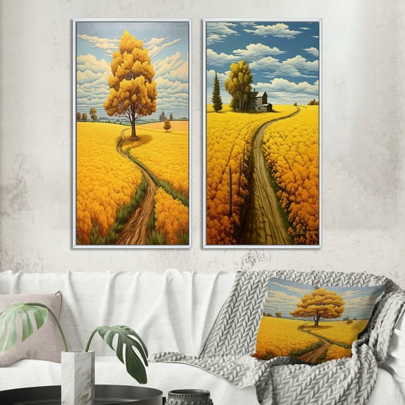 Designart "Blossoming Meadow Golden Tree in Yellow Field" Meadow Framed Wall Art Set Of 2 - Traditional Yellow Gallery Wall Frame Set For Home Decor