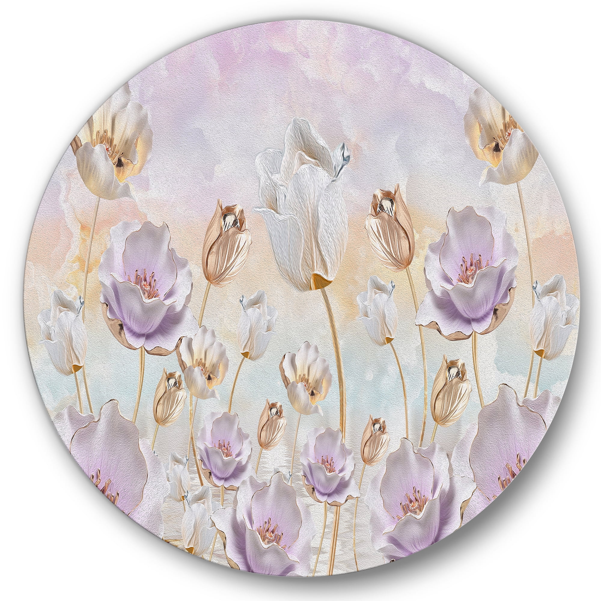 Designart 'Blossoming Pastel Tones Flowers' Traditional Circle Metal Wall Art 29x29 - Disc of 29