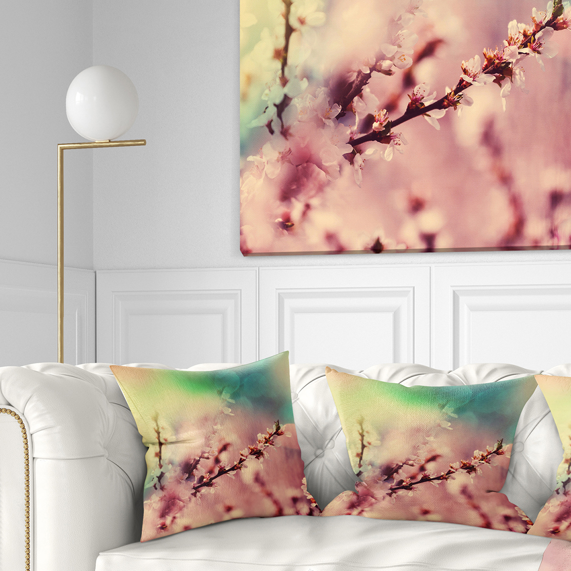 Designart Blossoming Pink Cherry Branches - Floral Throw Pillow - 18x18