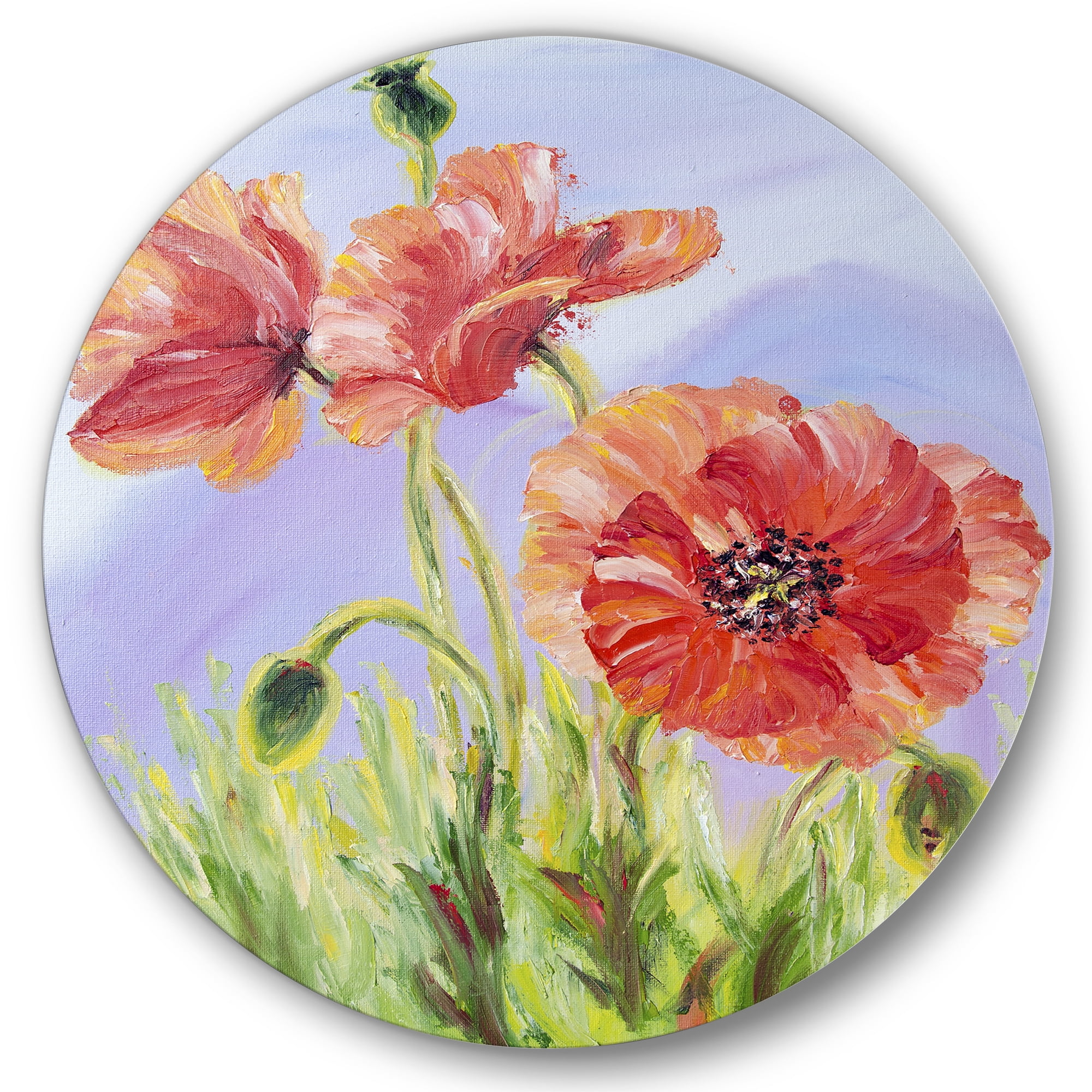 Designart 'Blossoming Poppies At Dawn' Traditional Circle Metal Wall Art 11x11 - Disc of 11