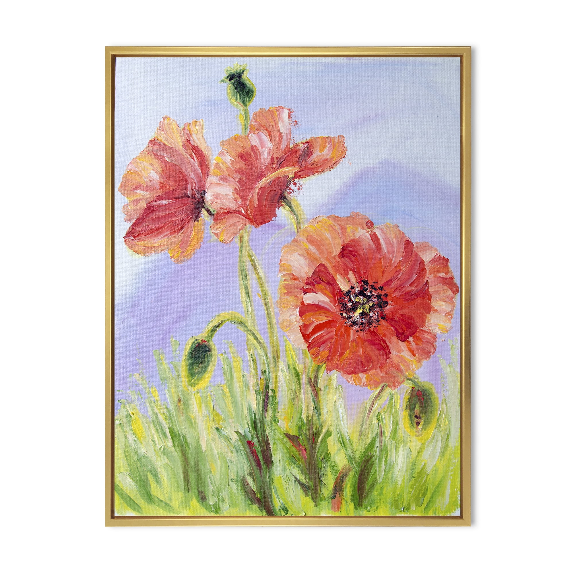 Designart 'Blossoming Poppies At Dawn' Traditional Framed Canvas Wall Art Print