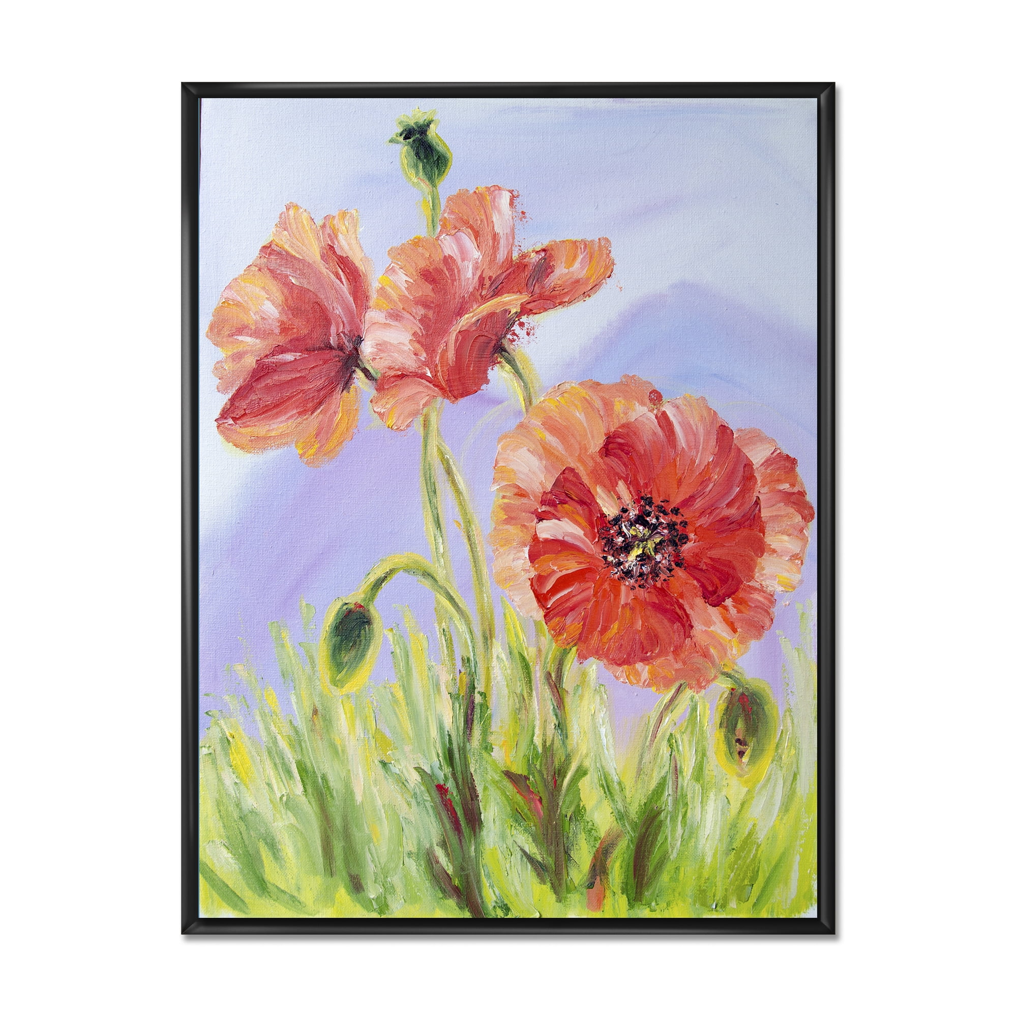 Designart 'Blossoming Poppies At Dawn' Traditional Framed Canvas Wall Art Print
