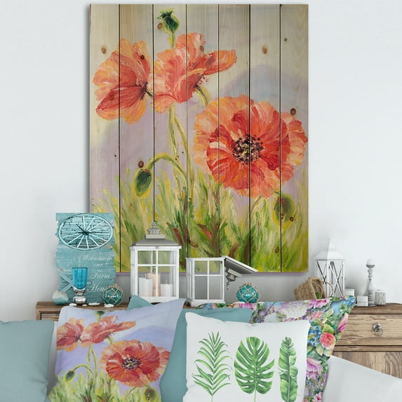 Designart 'Blossoming Poppies At Dawn' Traditional Print on Natural Pine Wood