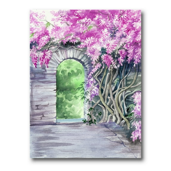 Designart ' Blossoming Purple Wisteria Garden Over The Wall ' Traditional Canvas Wall Art Print