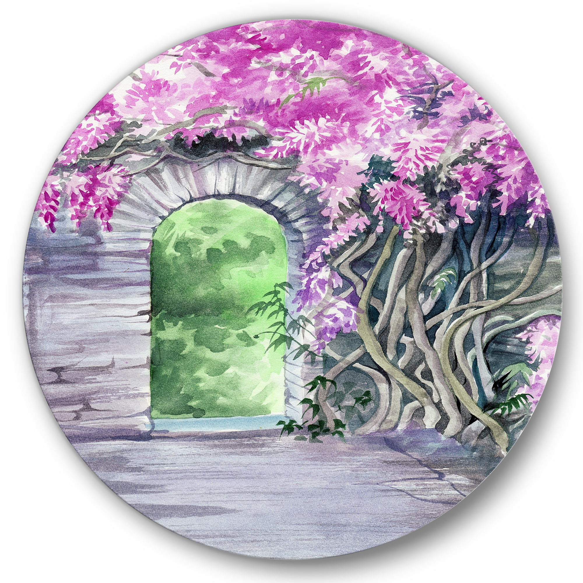 Designart 'Blossoming Purple Wisteria Garden Over The Wall' Traditional Circle Metal Wall Art 36x36 - Disc of 36