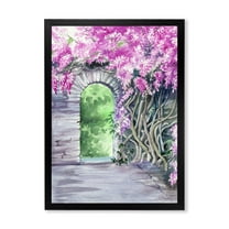 Designart 'Blossoming Purple Wisteria Garden Over The Wall' Traditional Framed Art Print