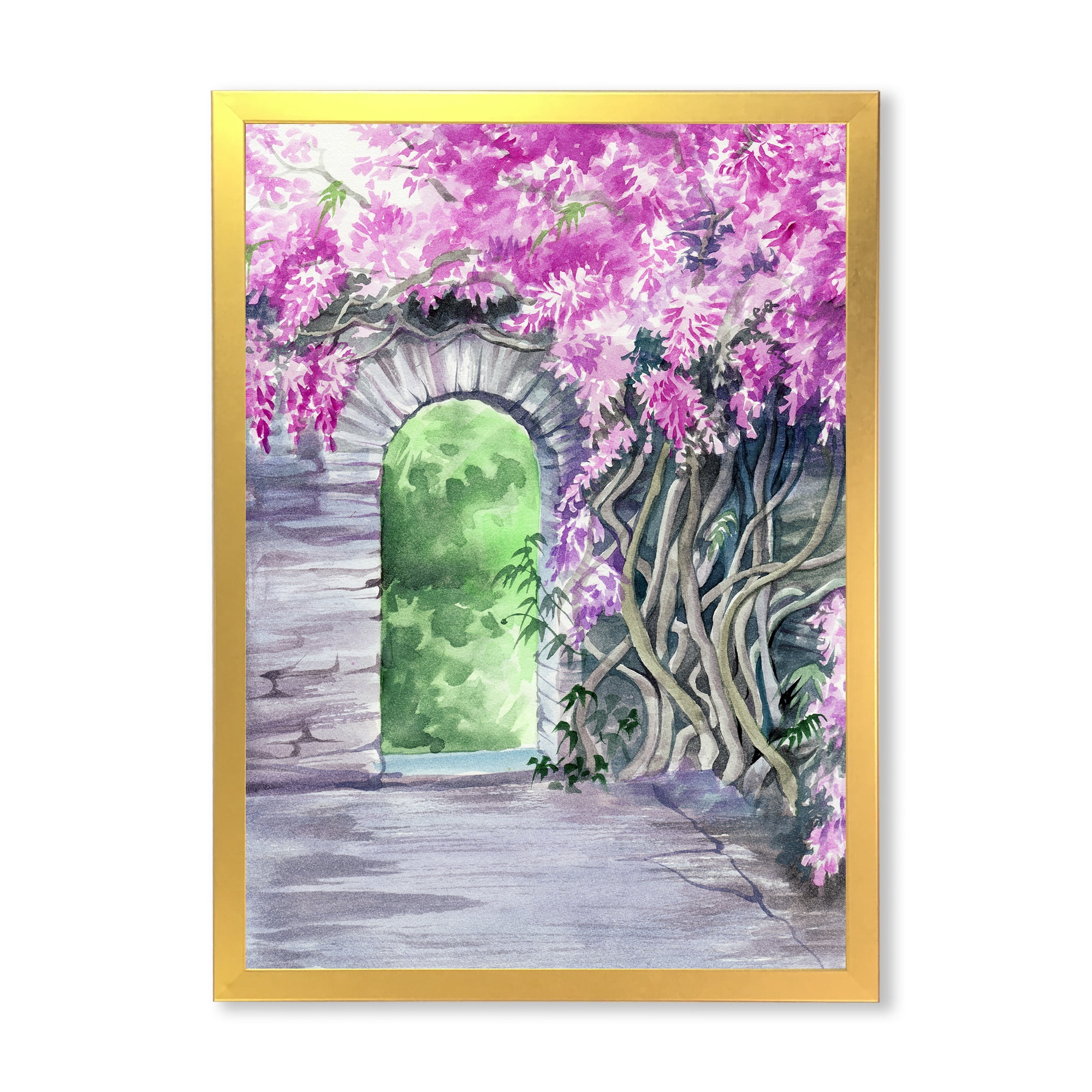 Designart 'Blossoming Purple Wisteria Garden Over The Wall' Traditional Framed Art Print
