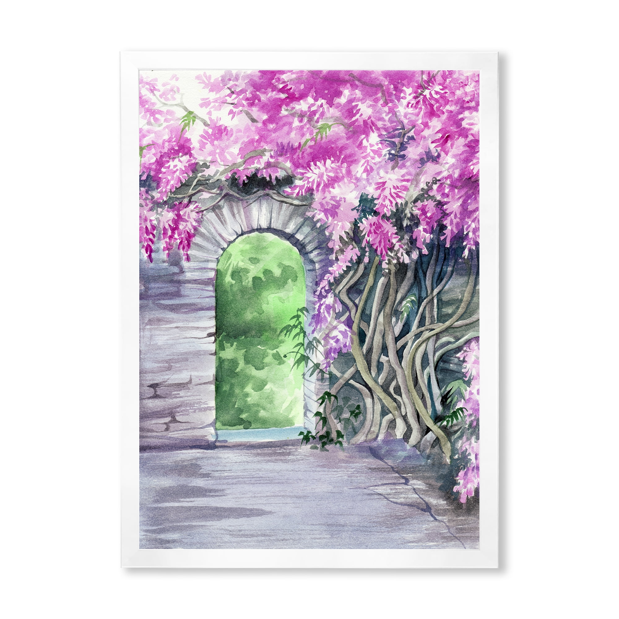 Designart 'Blossoming Purple Wisteria Garden Over The Wall' Traditional Framed Art Print