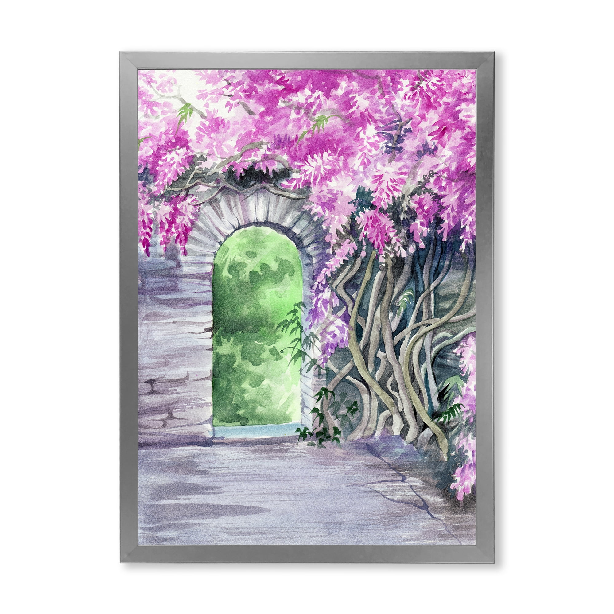 Designart 'Blossoming Purple Wisteria Garden Over The Wall' Traditional Framed Art Print