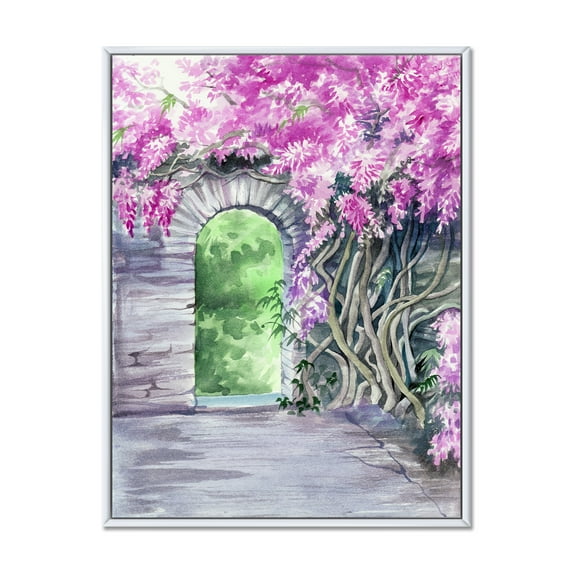 Designart 'Blossoming Purple Wisteria Garden Over The Wall' Traditional Framed Canvas Wall Art Print