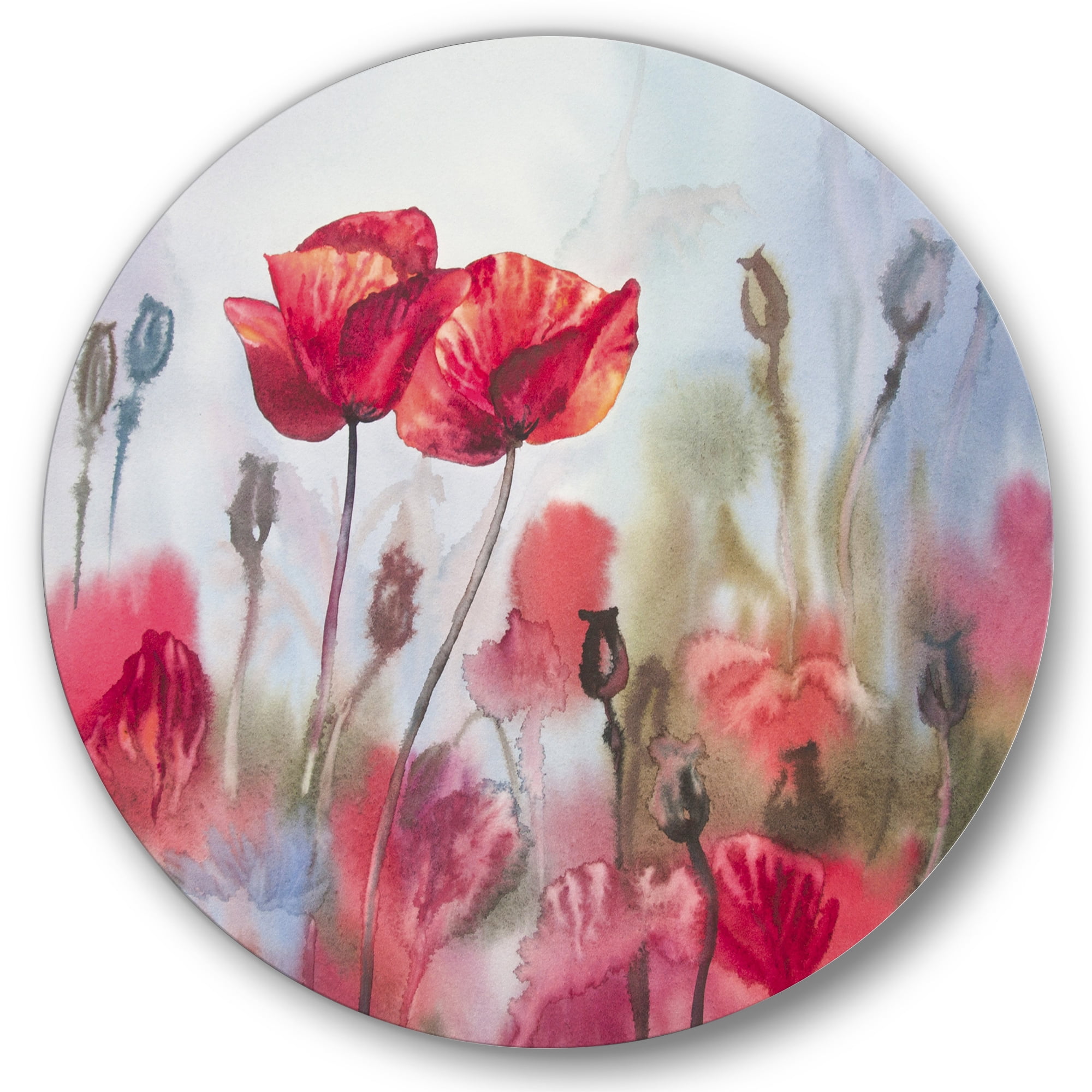 Designart 'Blossoming Red Poppies In The Meadow' Traditional Circle Metal Wall Art 23x23 - Disc of 23
