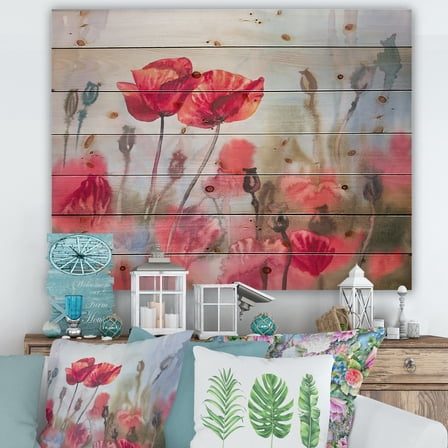 Designart 'Blossoming Red Poppies In The Meadow' Traditional Print on Natural Pine Wood