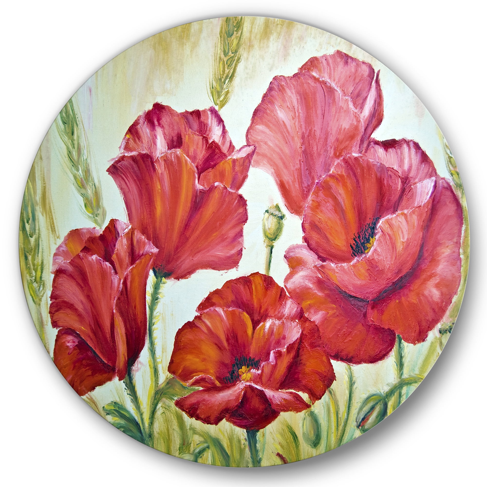 Designart 'Blossoming Red Poppies In The Morning' Traditional Circle Metal Wall Art 29x29 - Disc of 29