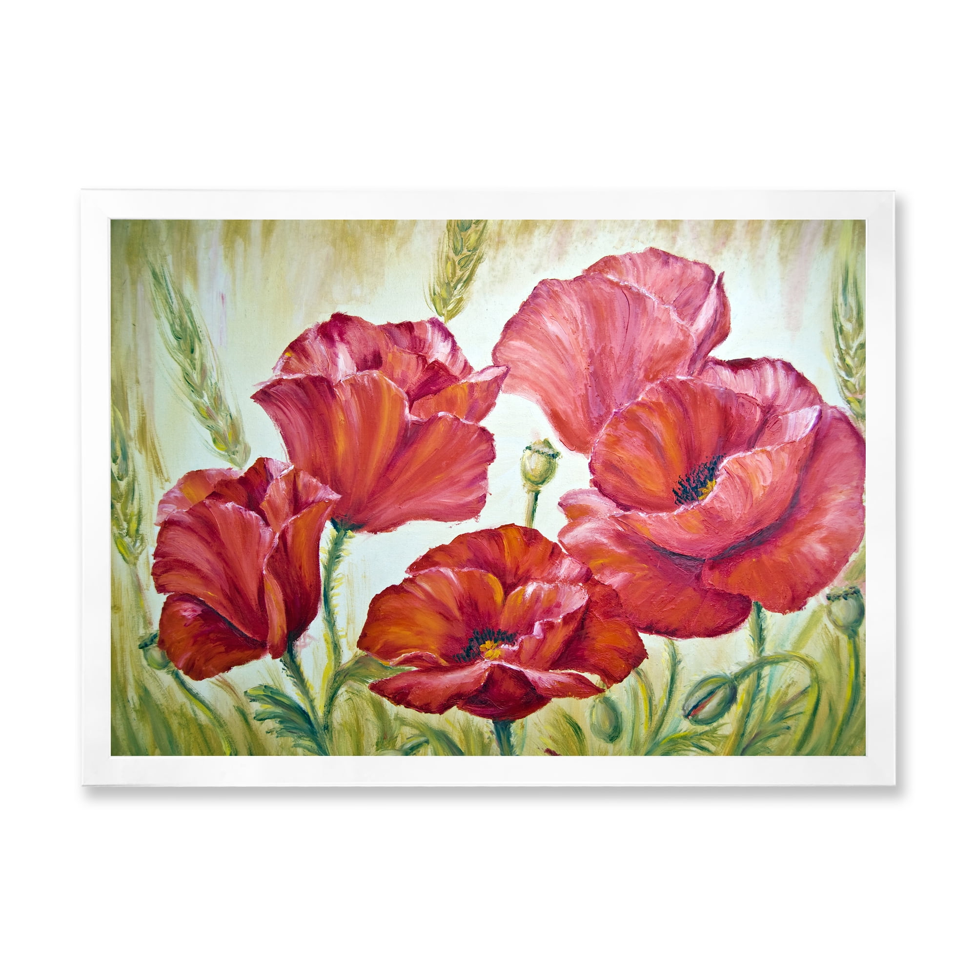 Designart 'Blossoming Red Poppies In The Morning' Traditional Framed Art Print