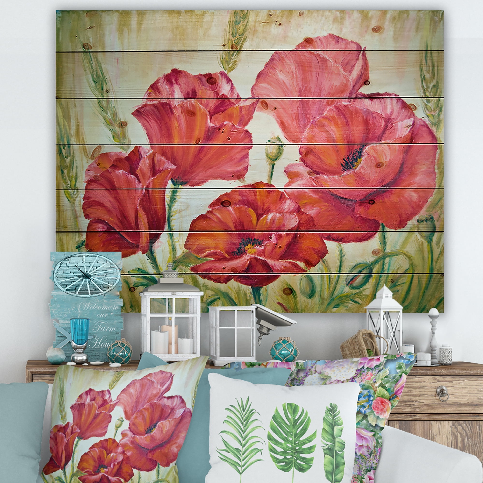 Designart 'Blossoming Red Poppies In The Morning' Traditional Print on Natural Pine Wood