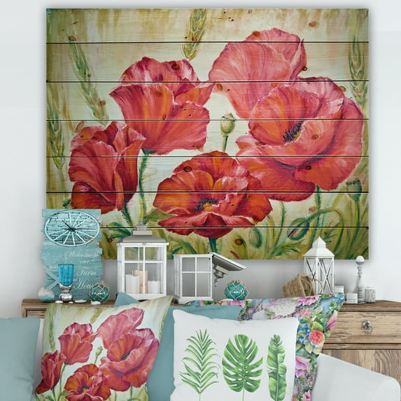 Designart 'Blossoming Red Poppies In The Morning' Traditional Print on Natural Pine Wood