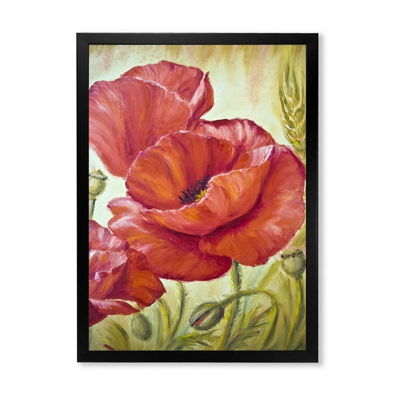 Designart 'Blossoming Red Poppies In Wheat Fields I' Traditional Framed Art Print