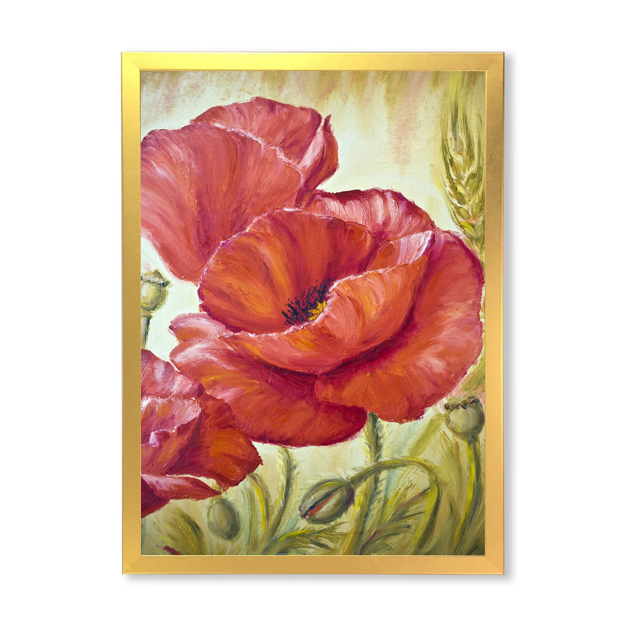 Designart 'Blossoming Red Poppies In Wheat Fields I' Traditional Framed Art Print