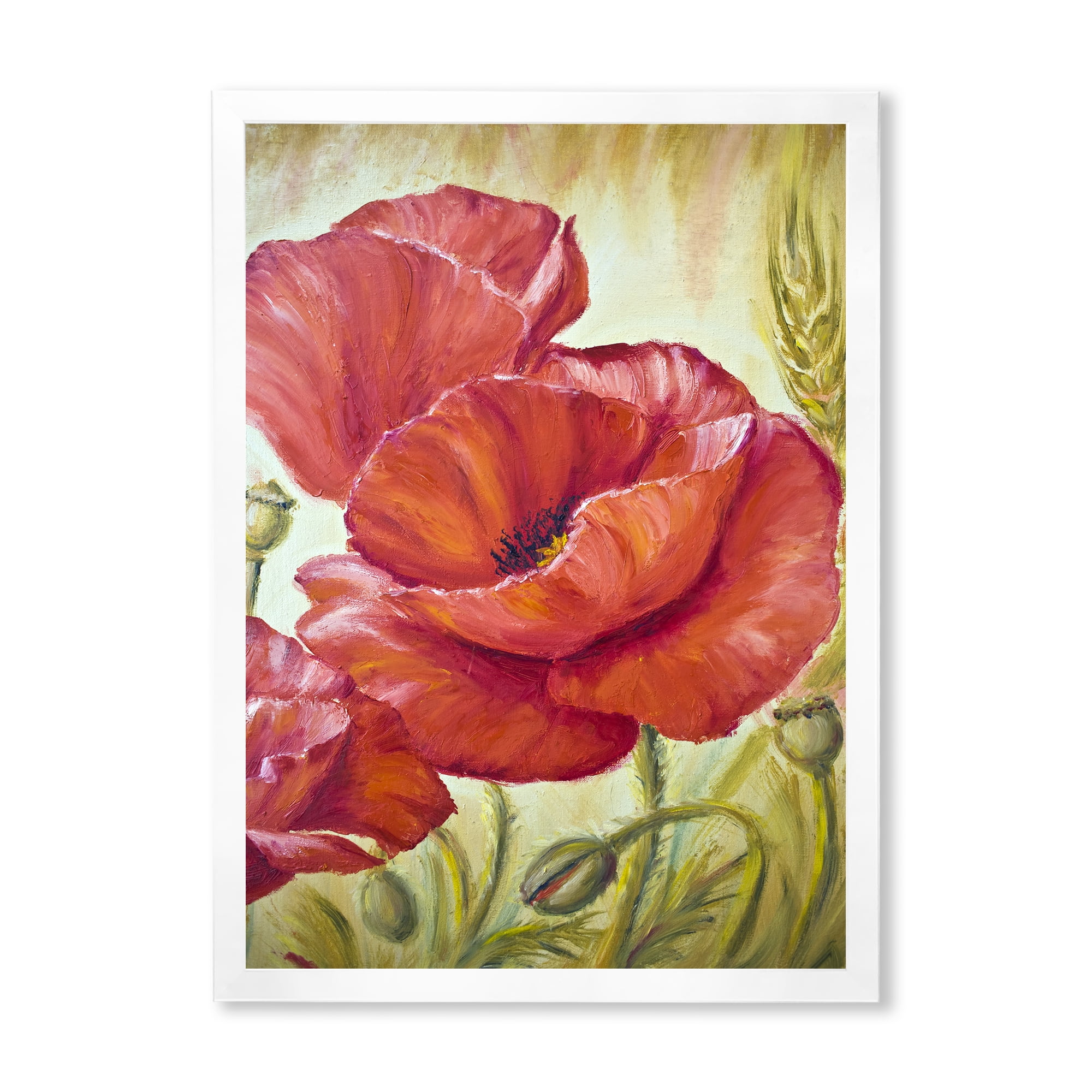 Designart 'Blossoming Red Poppies In Wheat Fields I' Traditional Framed Art Print