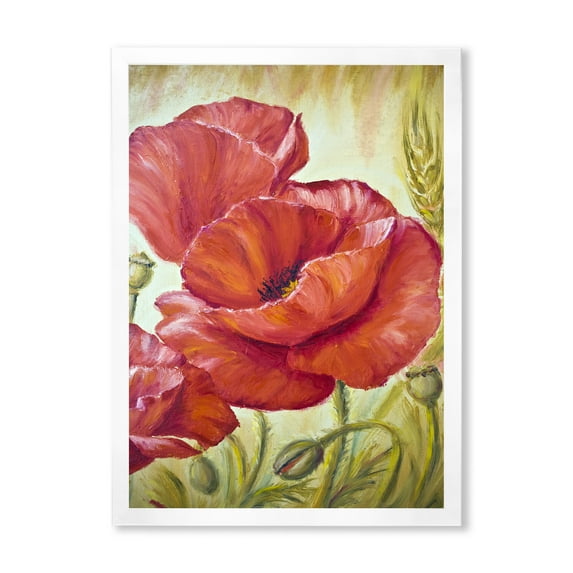Designart 'Blossoming Red Poppies In Wheat Fields I' Traditional Framed Art Print