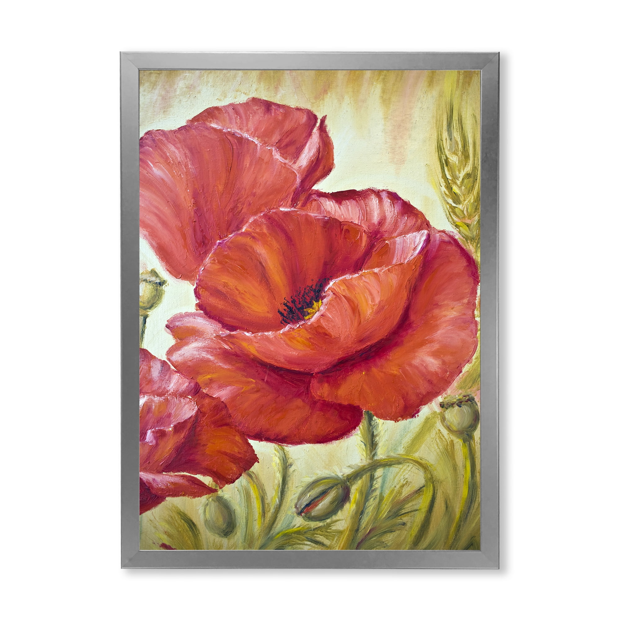Designart 'Blossoming Red Poppies In Wheat Fields I' Traditional Framed Art Print