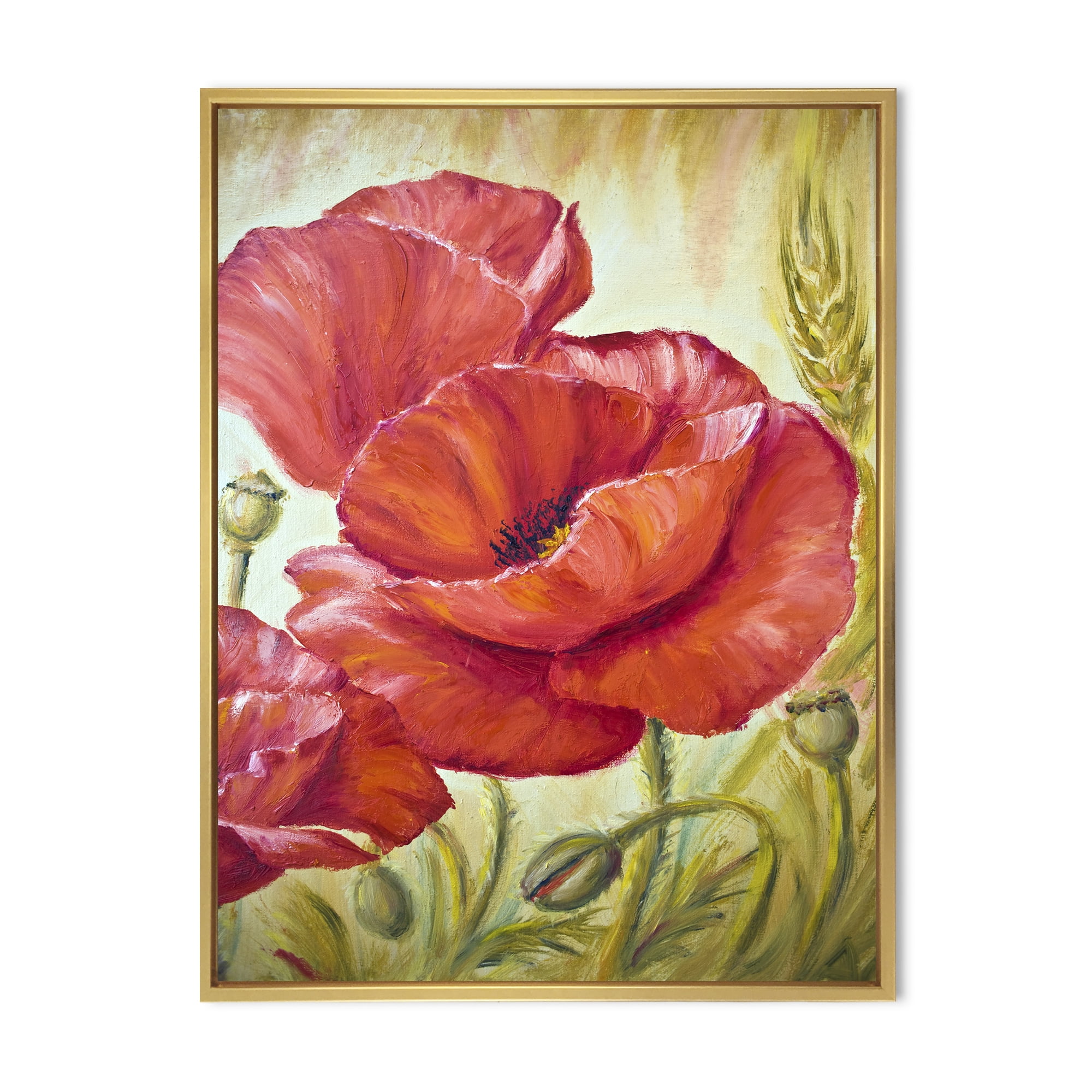 Designart 'Blossoming Red Poppies In Wheat Fields I' Traditional Framed Canvas Wall Art Print