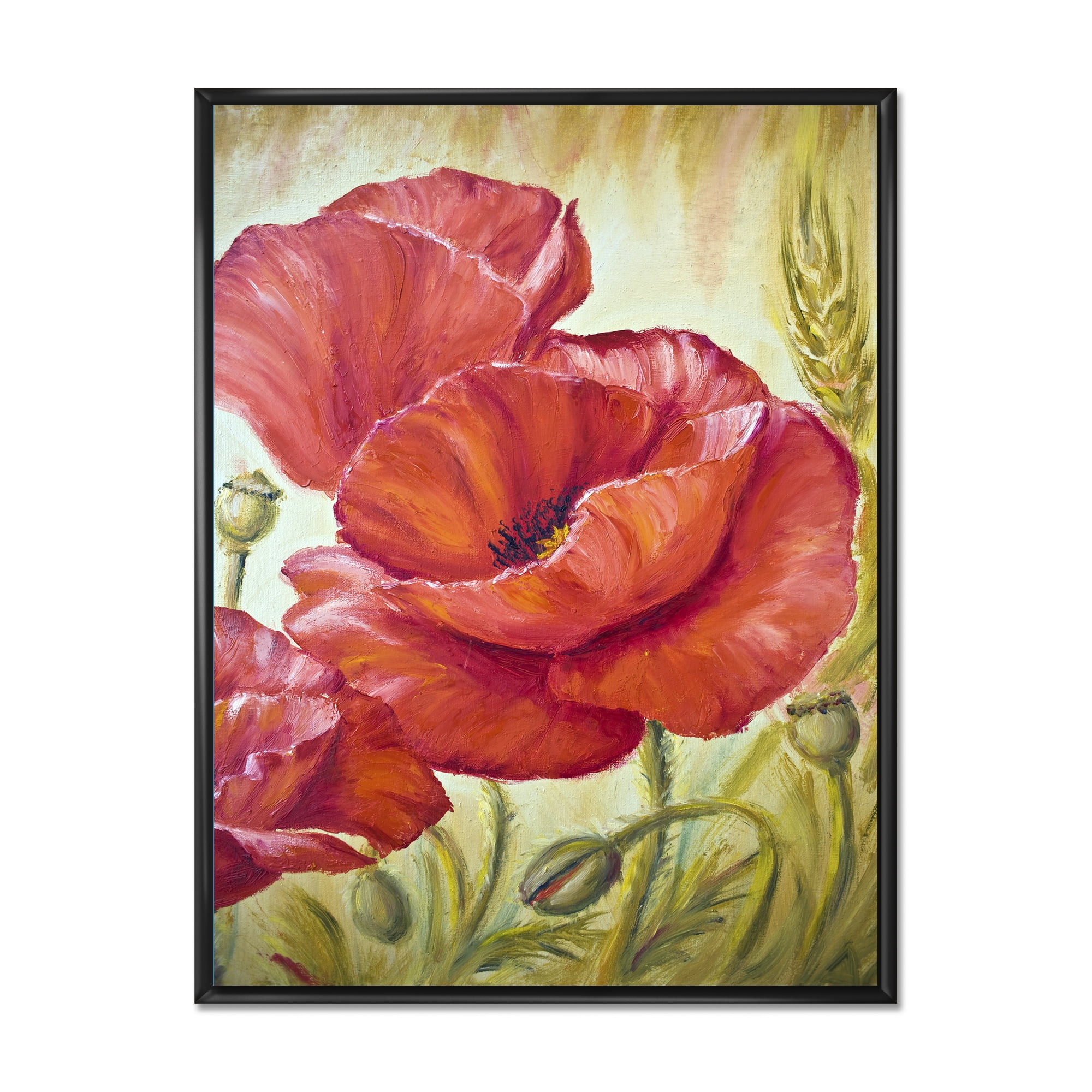 Designart 'Blossoming Red Poppies In Wheat Fields I' Traditional Framed Canvas Wall Art Print