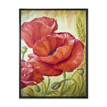 Designart 'Blossoming Red Poppies In Wheat Fields I' Traditional Framed Canvas Wall Art Print