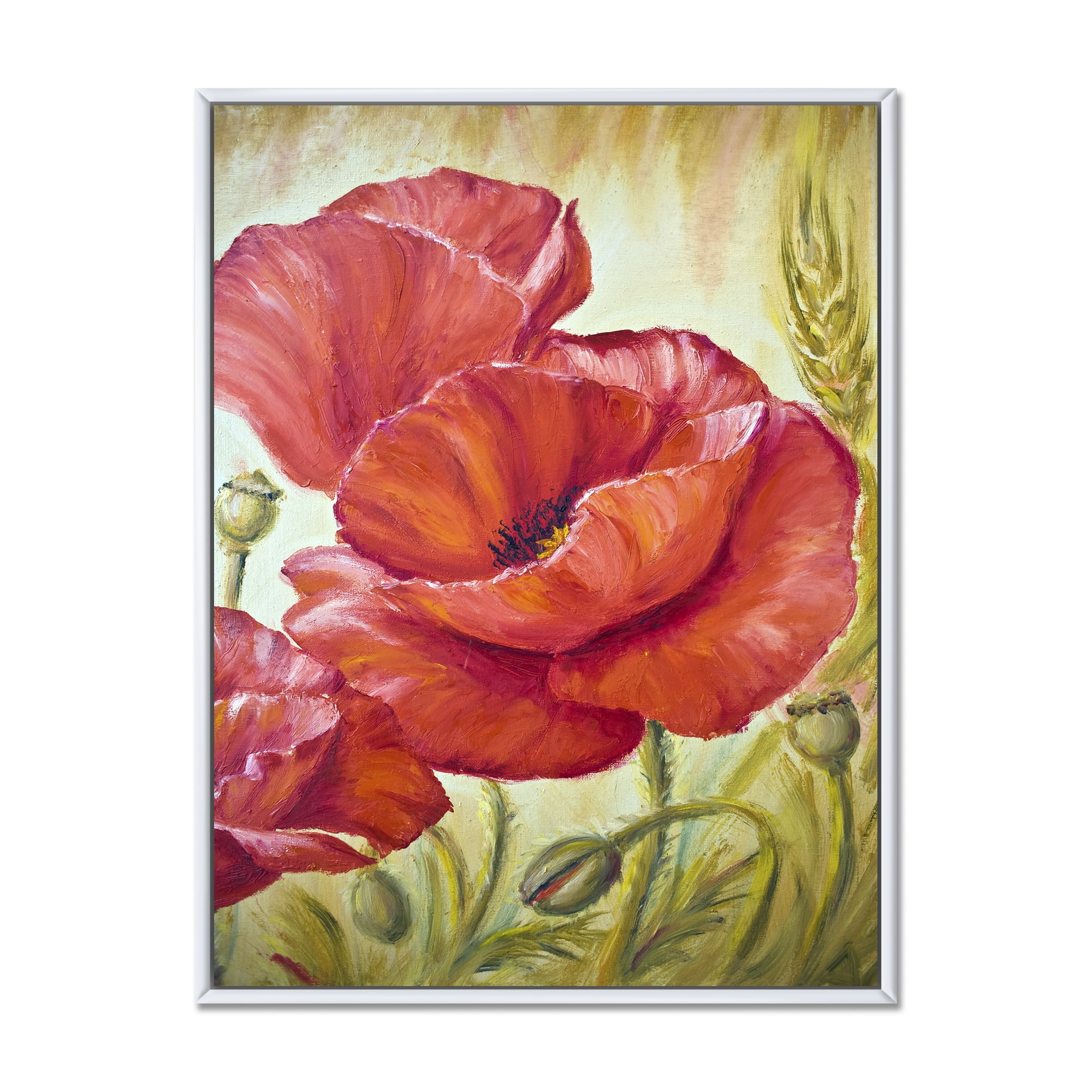Designart 'Blossoming Red Poppies In Wheat Fields I' Traditional Framed Canvas Wall Art Print