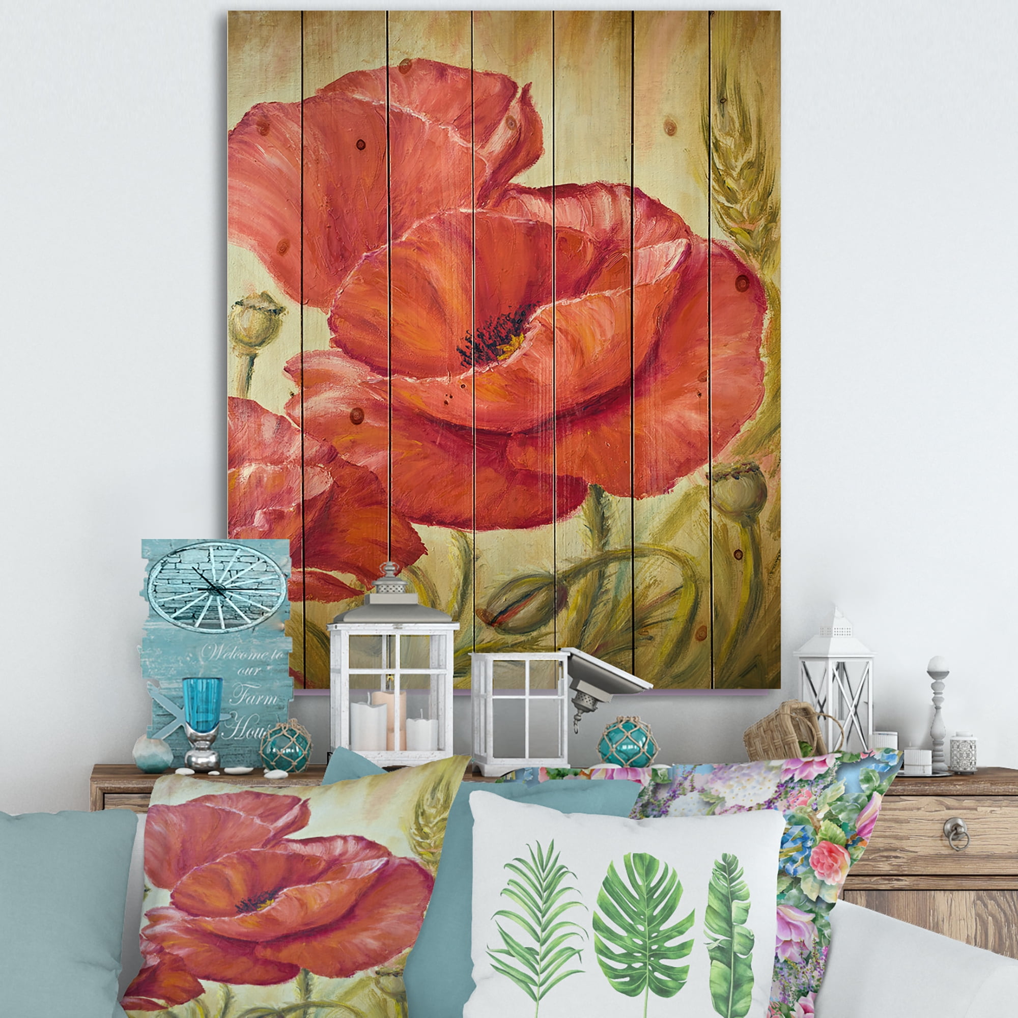 Designart 'Blossoming Red Poppies In Wheat Fields I' Traditional Print on Natural Pine Wood