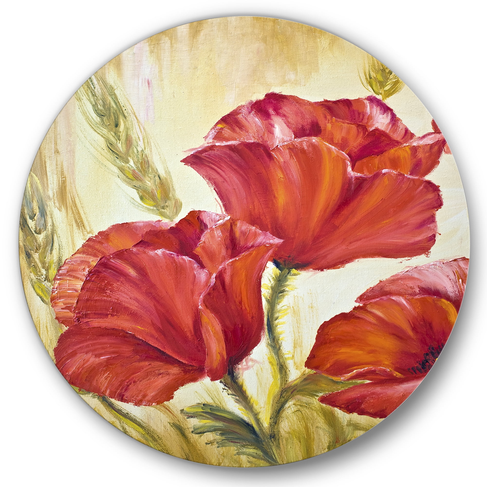 Designart 'Blossoming Red Poppies In Wheat Fields II' Traditional Circle Metal Wall Art 36x36 - Disc of 36