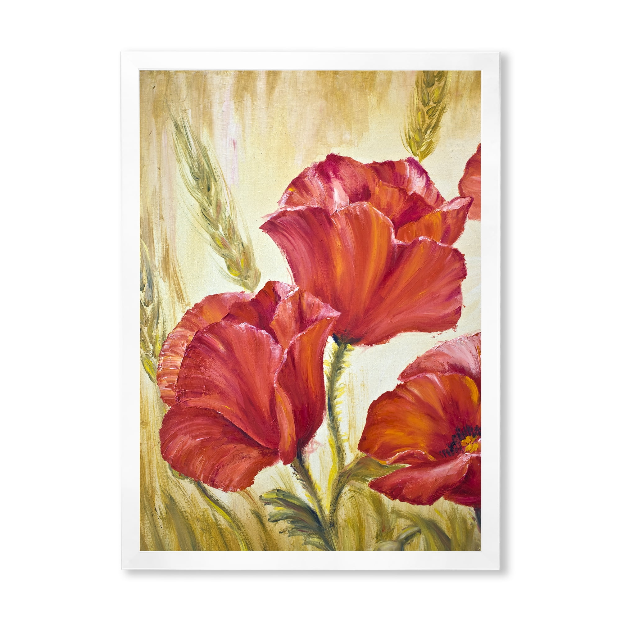 Designart 'Blossoming Red Poppies In Wheat Fields II' Traditional Framed Art Print