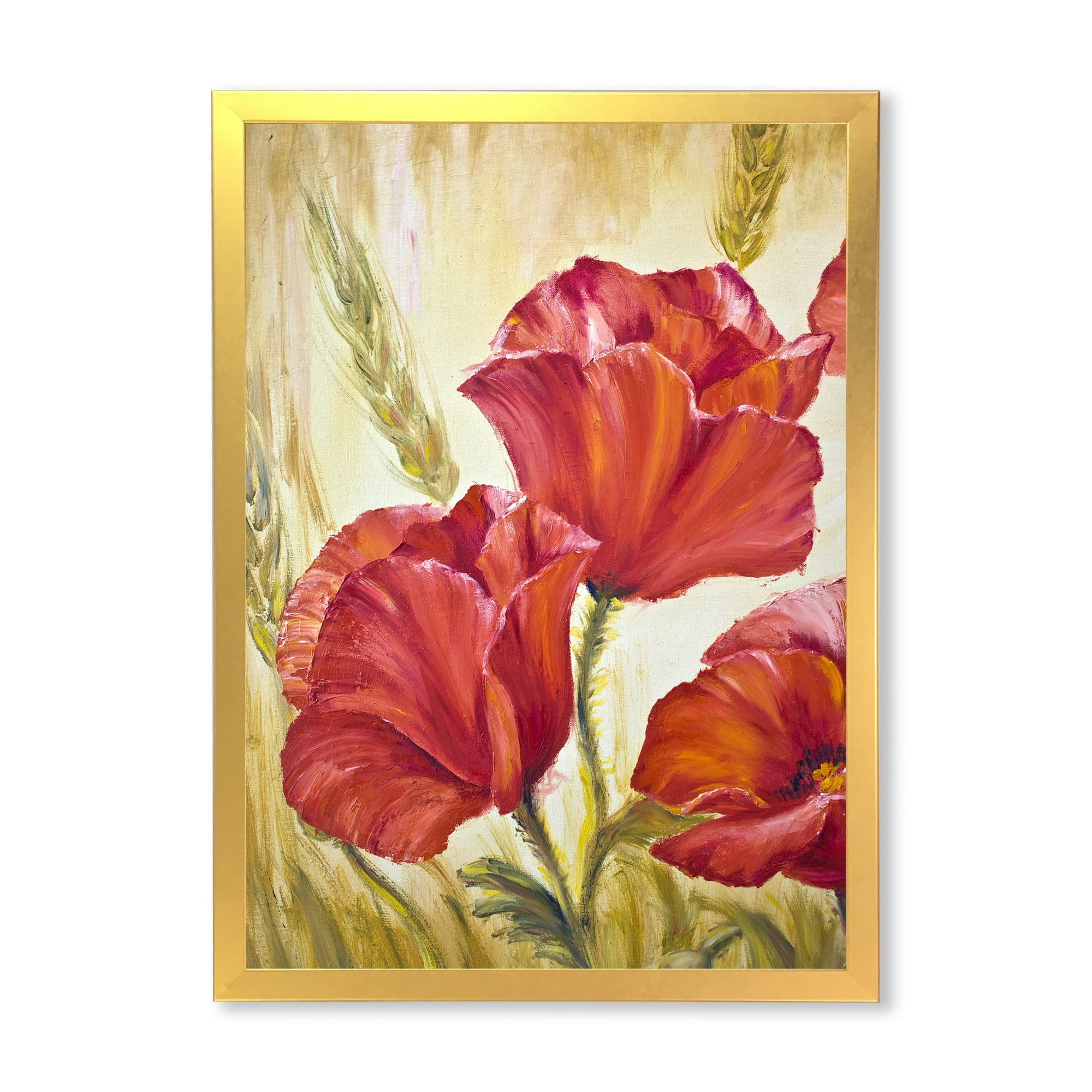 Designart 'Blossoming Red Poppies In Wheat Fields II' Traditional Framed Art Print