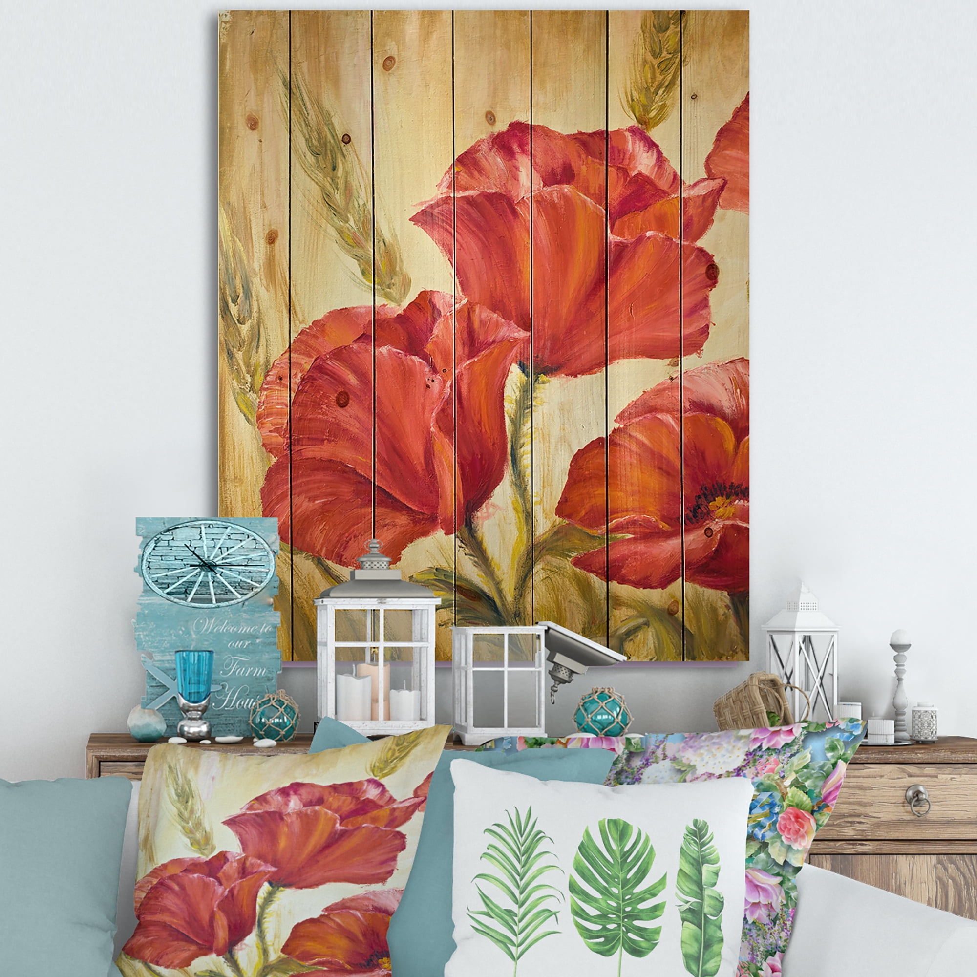 Designart 'Blossoming Red Poppies In Wheat Fields II' Traditional Print on Natural Pine Wood