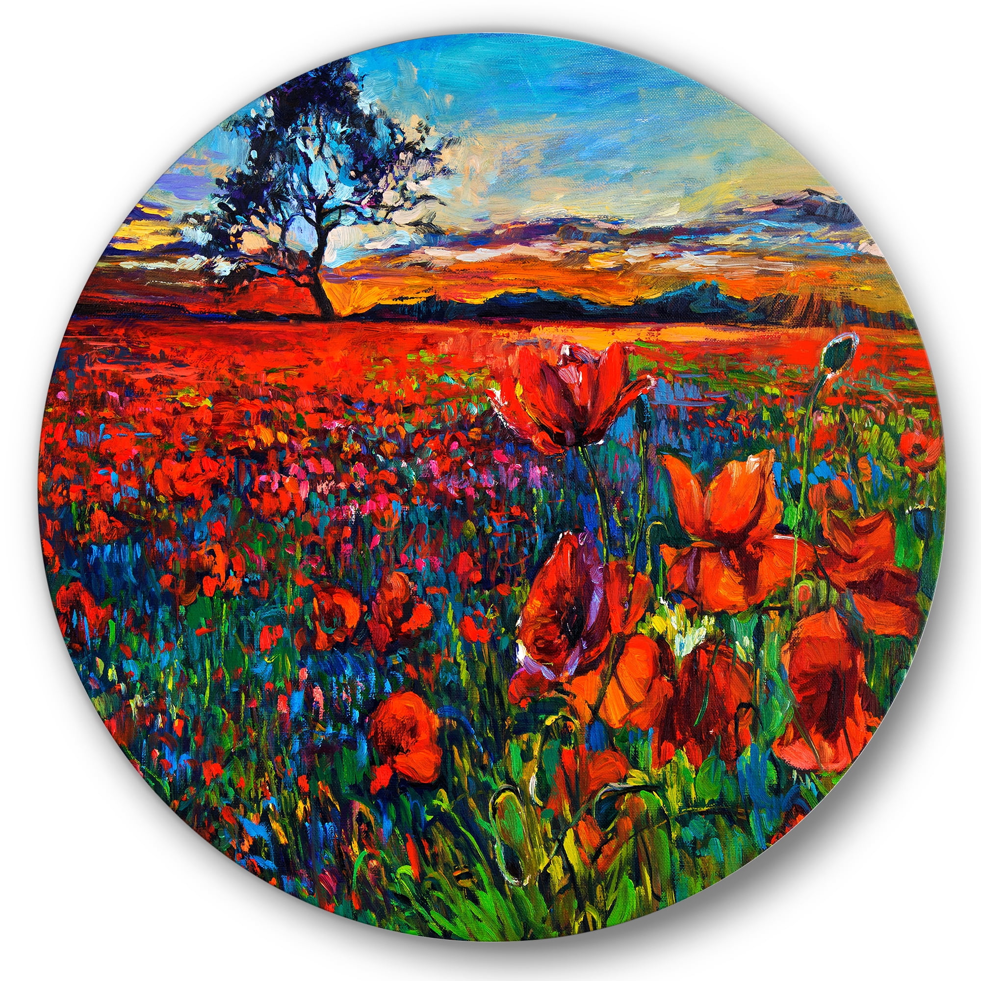 Designart 'Blossoming Red Poppy Fields With Distant Tree' Traditional Circle Metal Wall Art 23x23 - Disc of 23