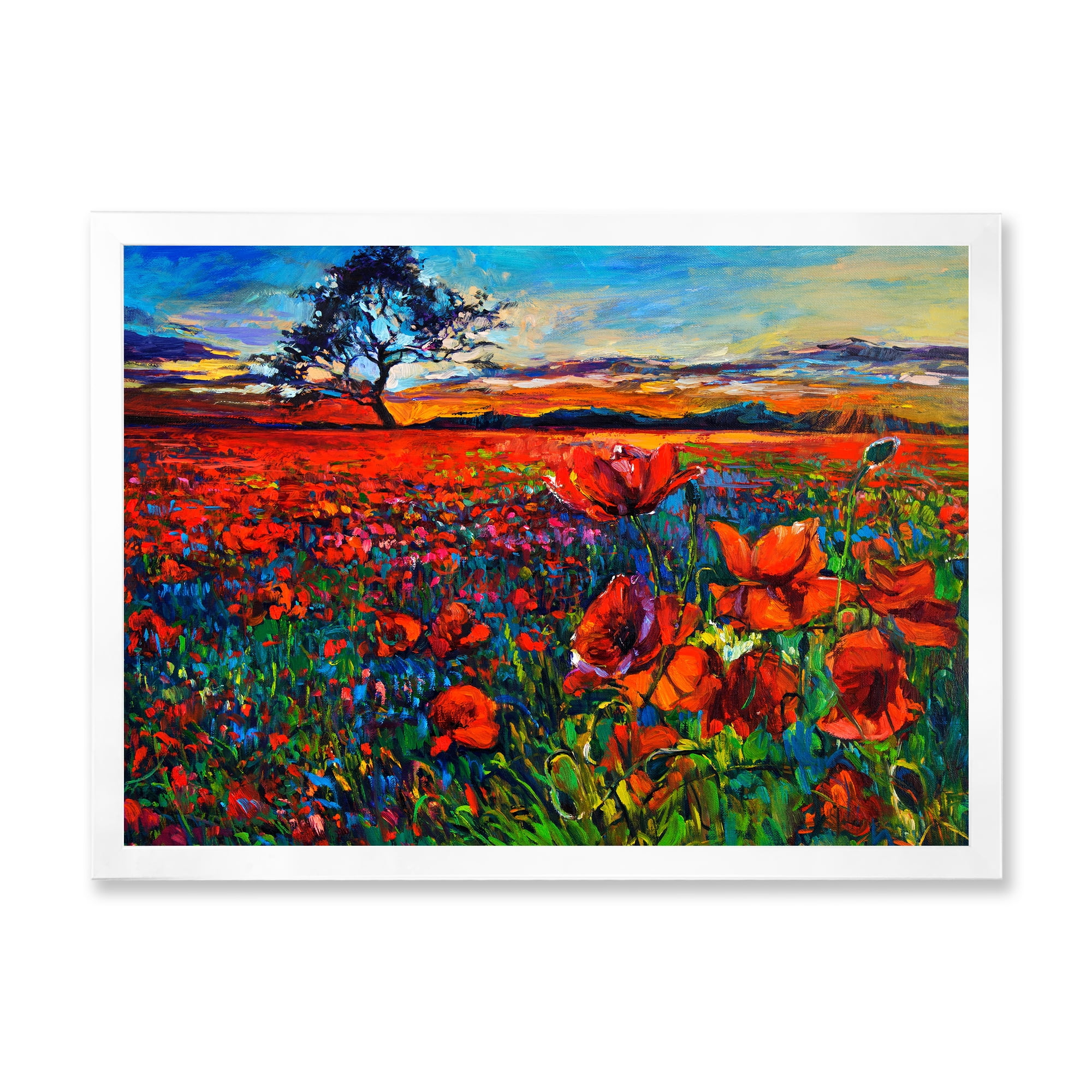 Designart 'Blossoming Red Poppy Fields With Distant Tree' Traditional Framed Art Print