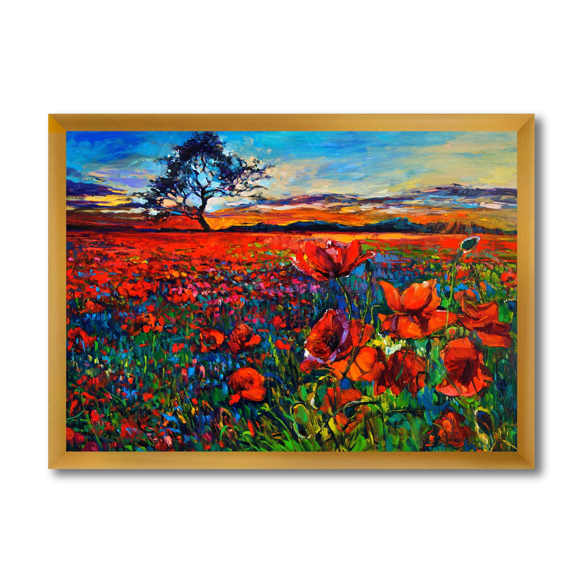 Designart 'Blossoming Red Poppy Fields With Distant Tree' Traditional Framed Art Print