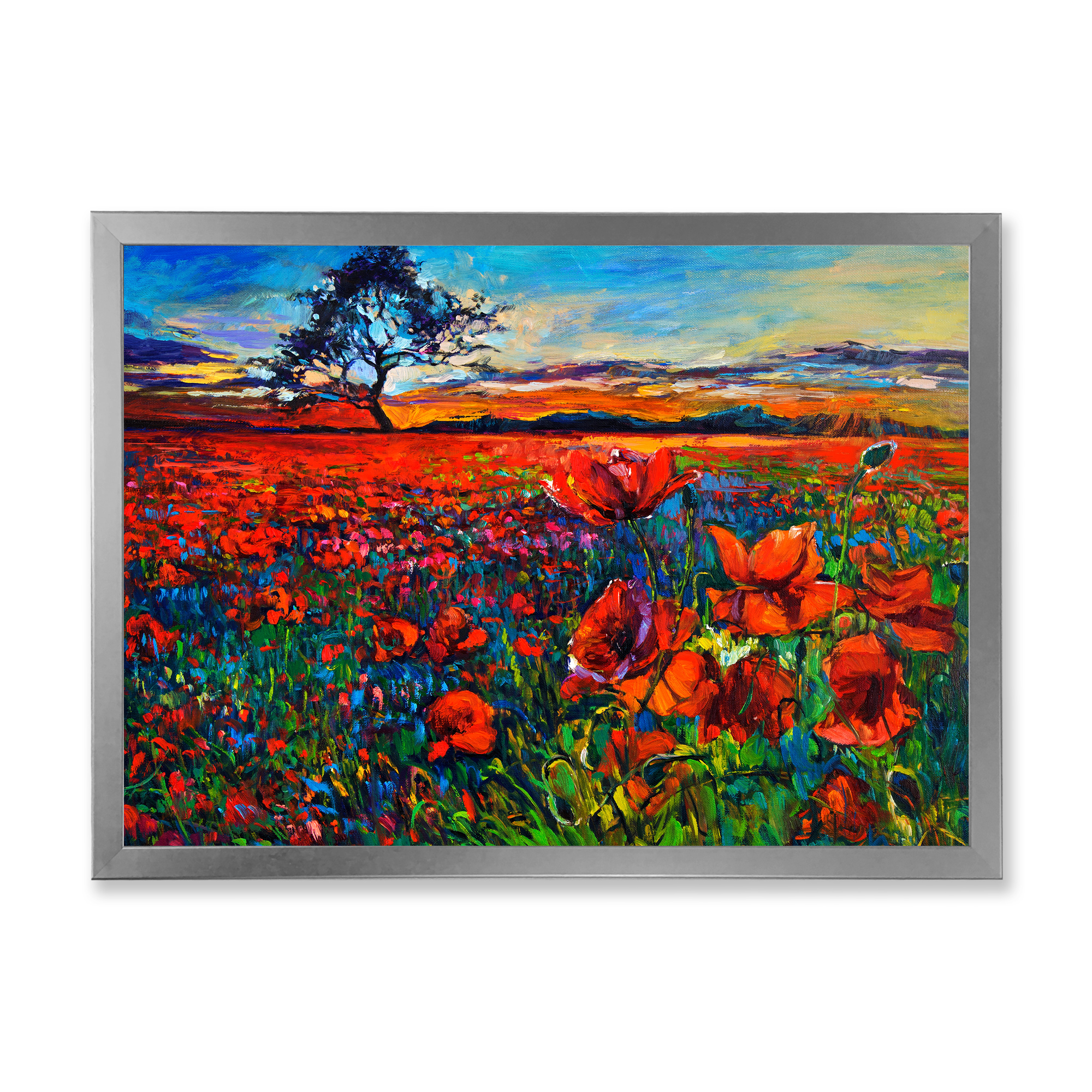 Designart 'Blossoming Red Poppy Fields With Distant Tree' Traditional Framed Art Print
