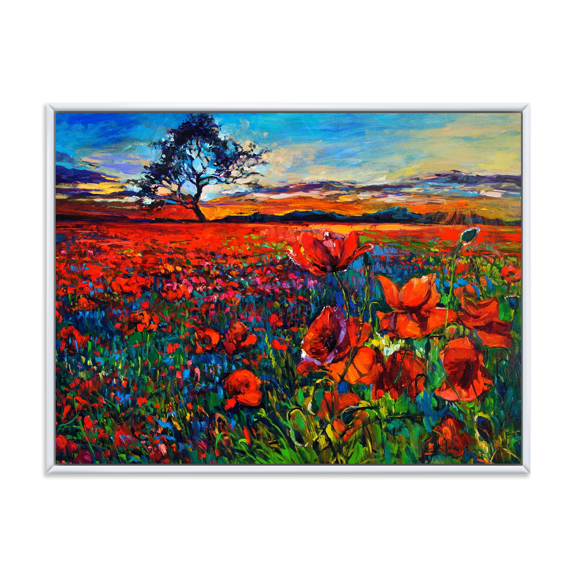 Designart 'Blossoming Red Poppy Fields With Distant Tree' Traditional Framed Canvas Wall Art Print