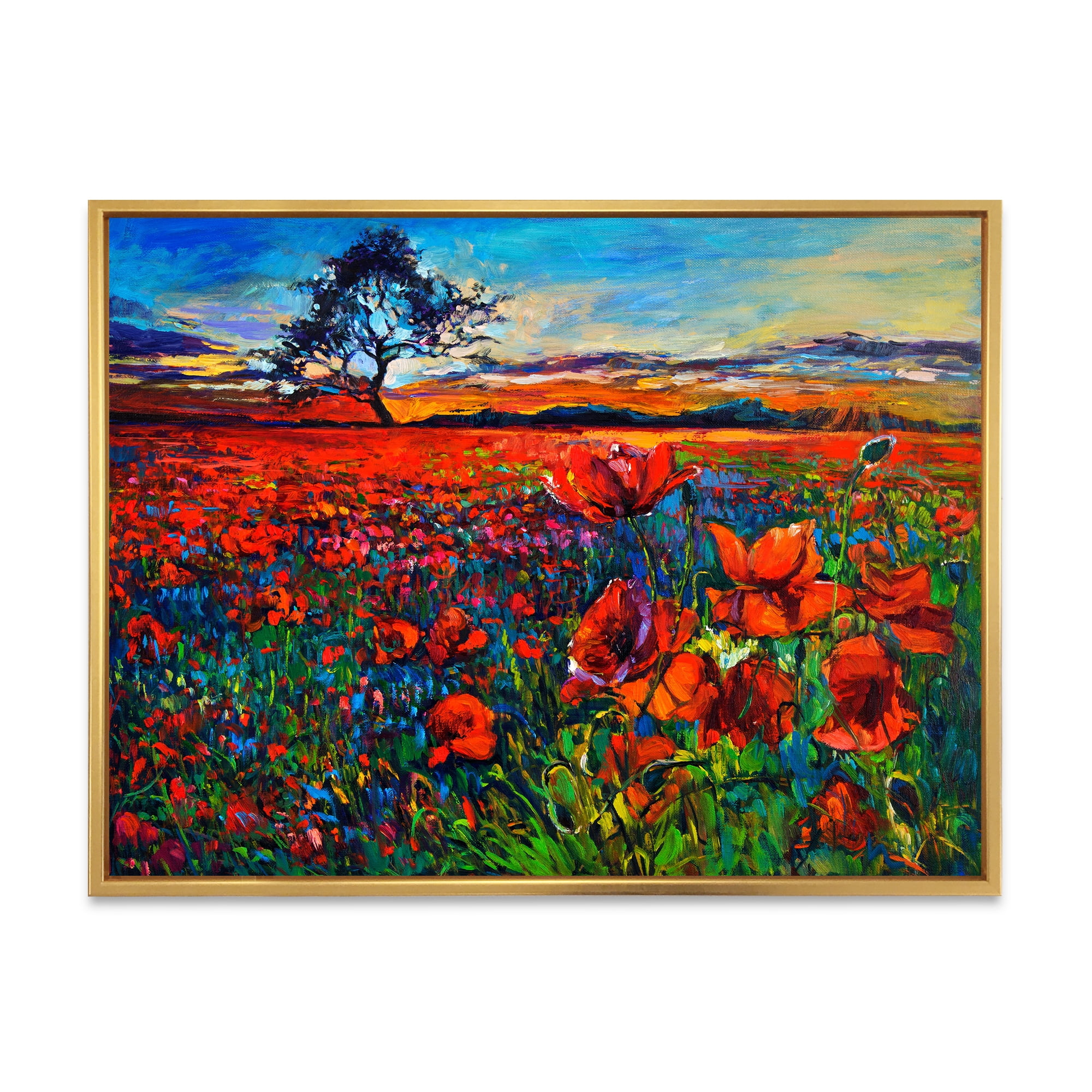 Designart 'Blossoming Red Poppy Fields With Distant Tree' Traditional Framed Canvas Wall Art Print