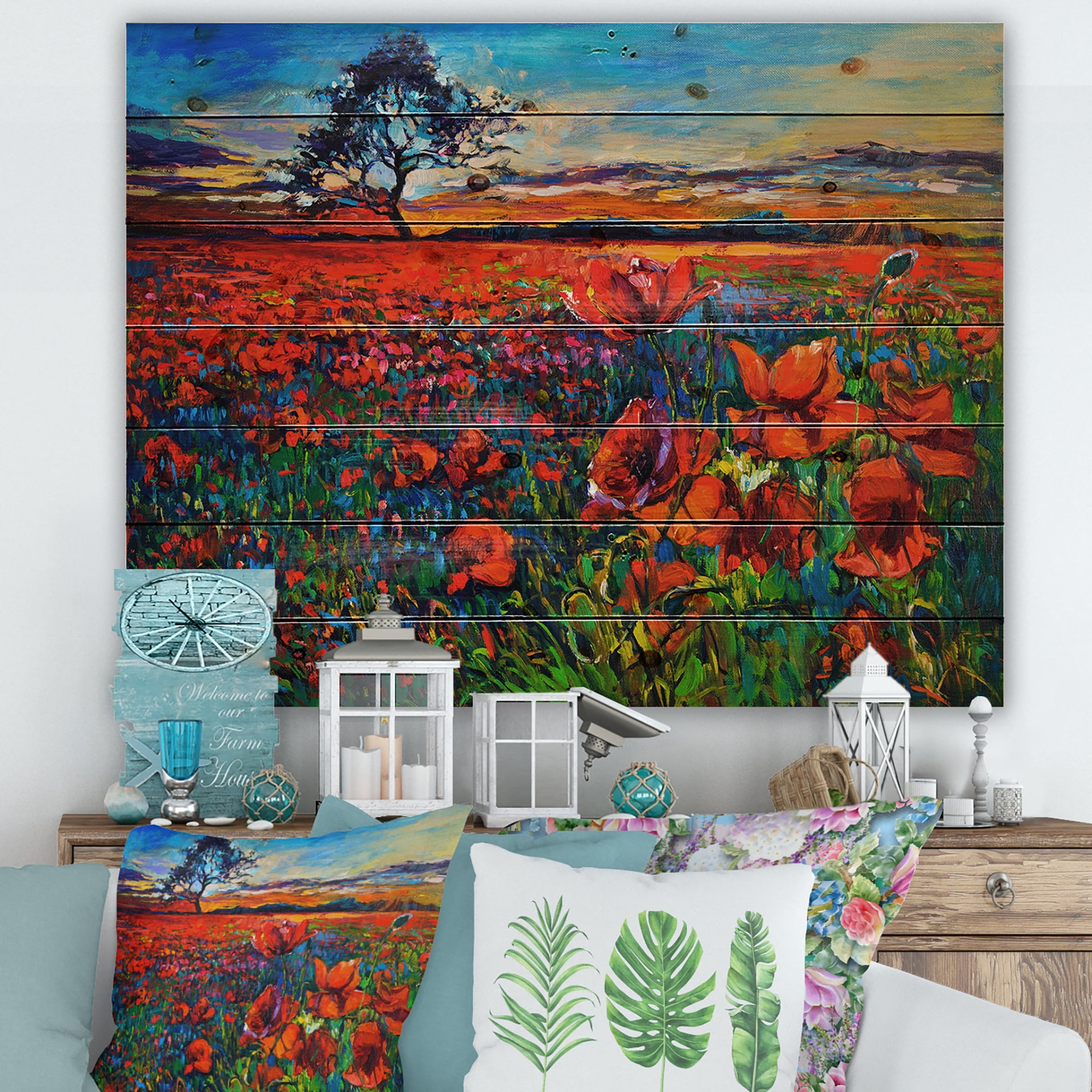 Designart 'Blossoming Red Poppy Fields With Distant Tree' Traditional Print on Natural Pine Wood