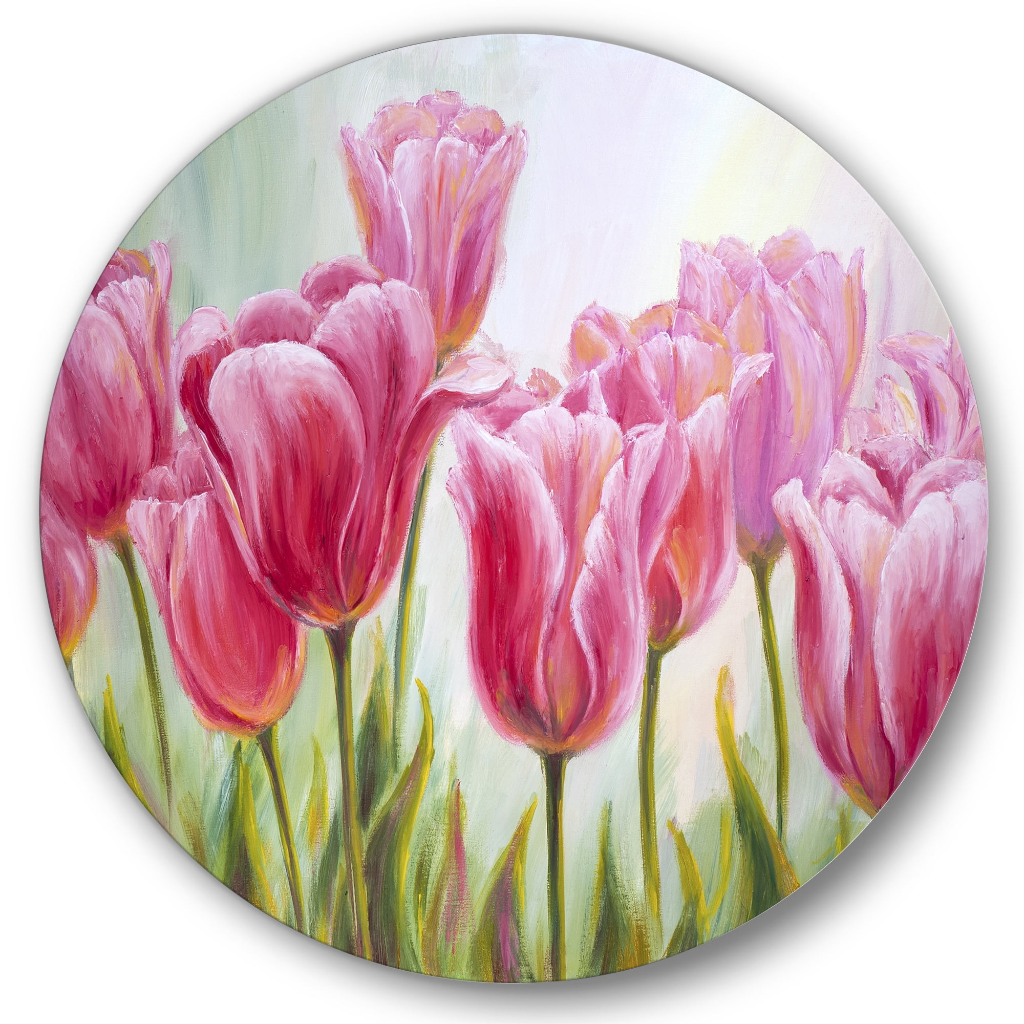 Designart 'Blossoming Red and Pink Tulips Flowers ' Traditional Circle Metal Wall Art 23x23 - Disc of 23