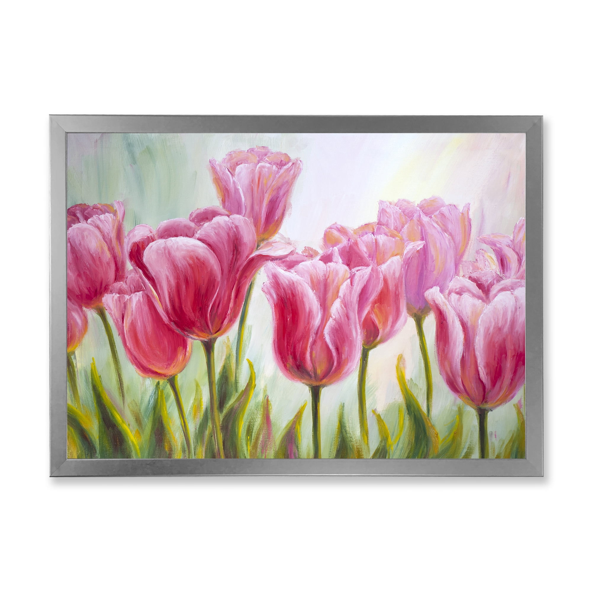 Designart 'Blossoming Red and Pink Tulips Flowers ' Traditional Framed Art Print