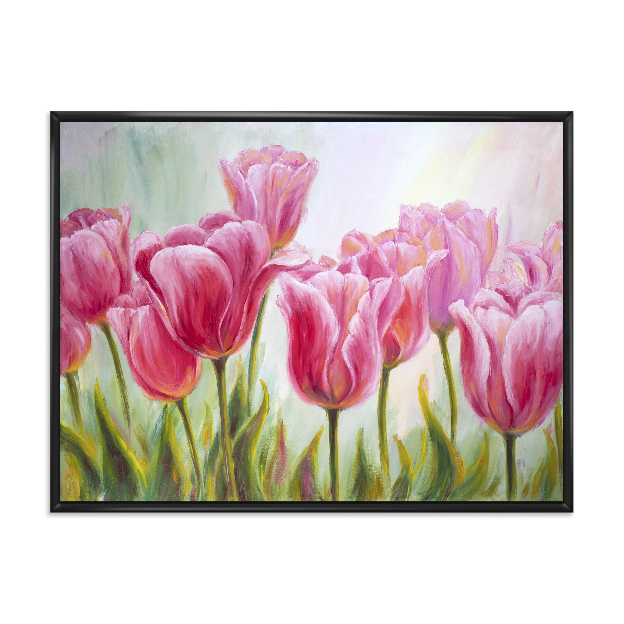 Designart 'Blossoming Red and Pink Tulips Flowers ' Traditional Framed Canvas Wall Art Print