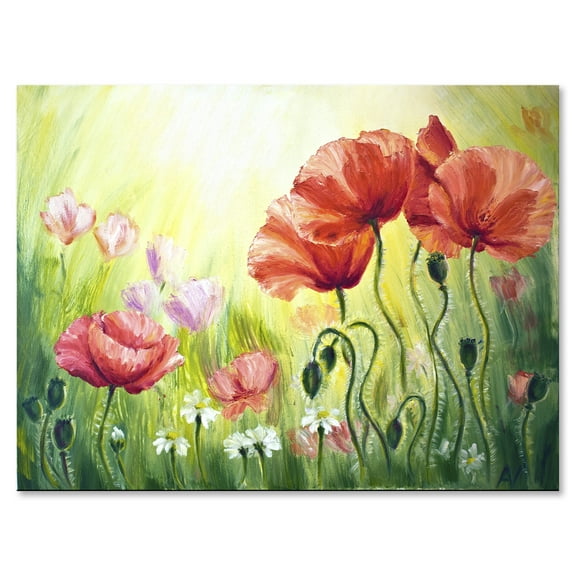 Designart ' Blossoming Red and Purple Poppies In The Morning I ' Traditional Canvas Wall Art Print